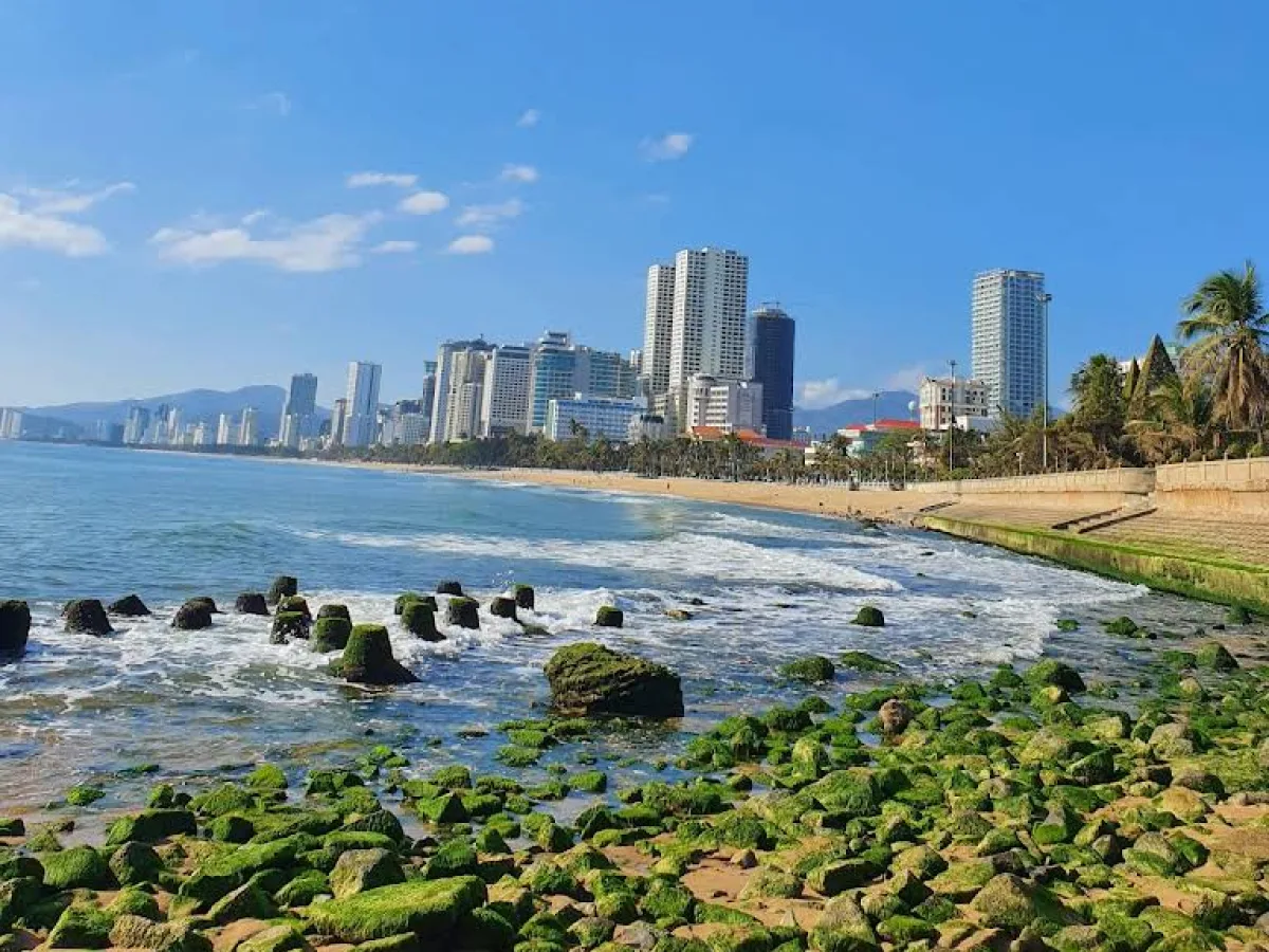 Panoramic view of Nha Trang Beach with turquoise water and white sand